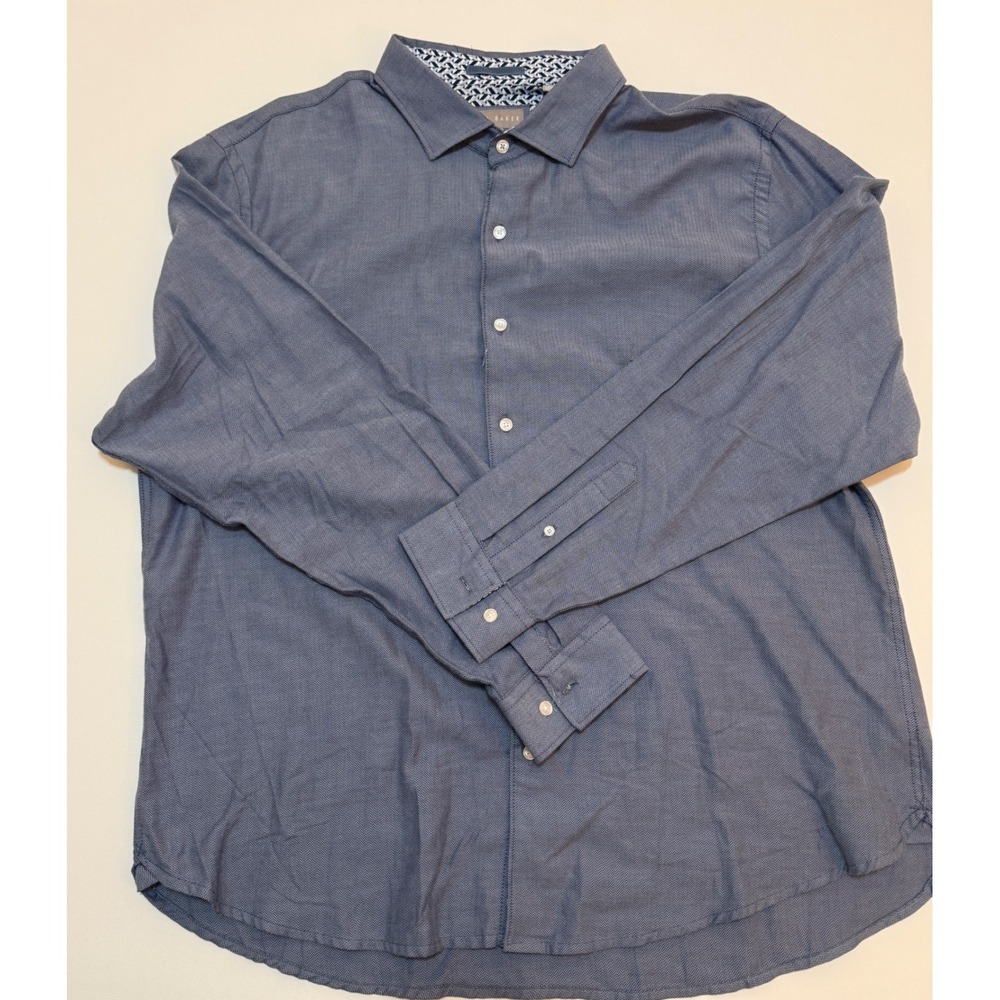 Ted Baker London Mens XXL Blue Herringbone Cotton Long Sleeve Button Down Shirt